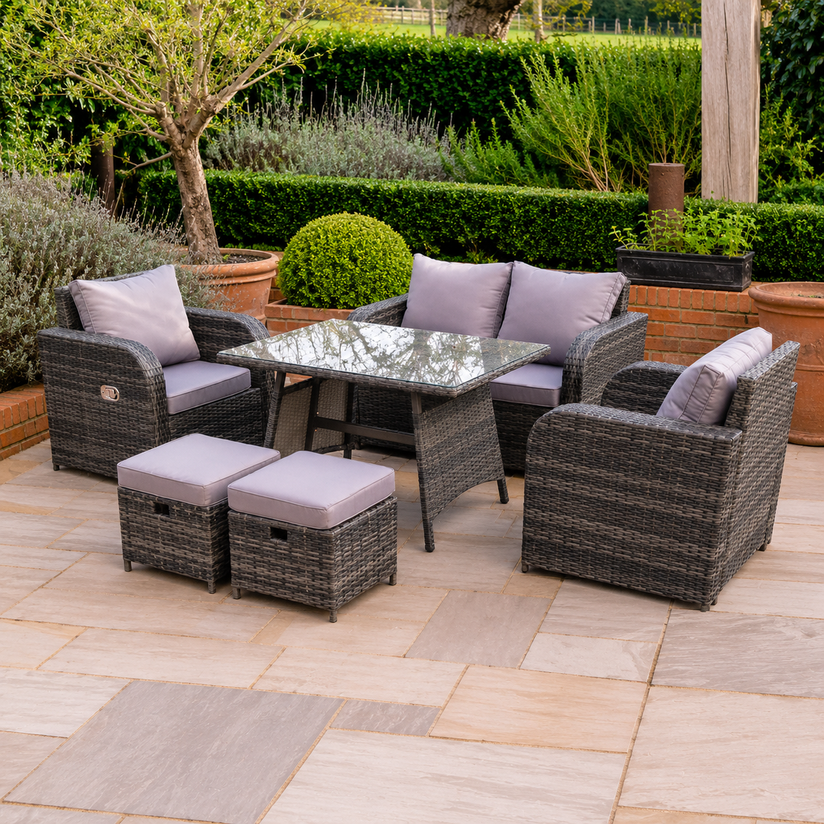 PE Rattan Garden Furniture Set Adjustable Chair 2 Seater Sofa Double Love Seat Sofa Oblong Dining Table With 2 Stools