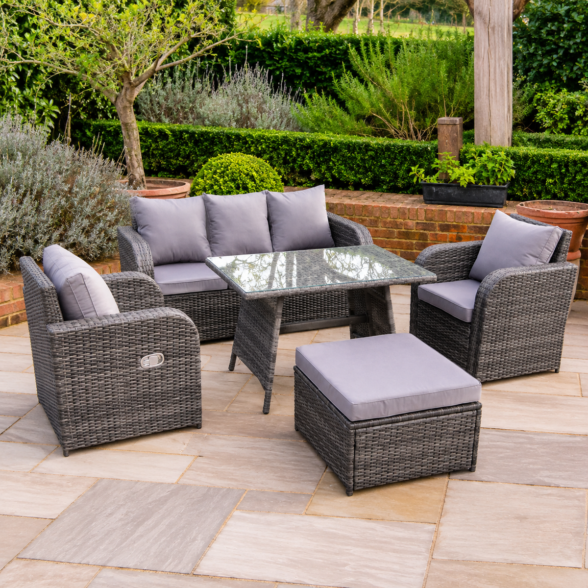 PE Rattan Garden Furniture Set Adjustable Chair Sofa Lounge 3 Seater Sofa Oblong Rectangular Dining Table Footstool