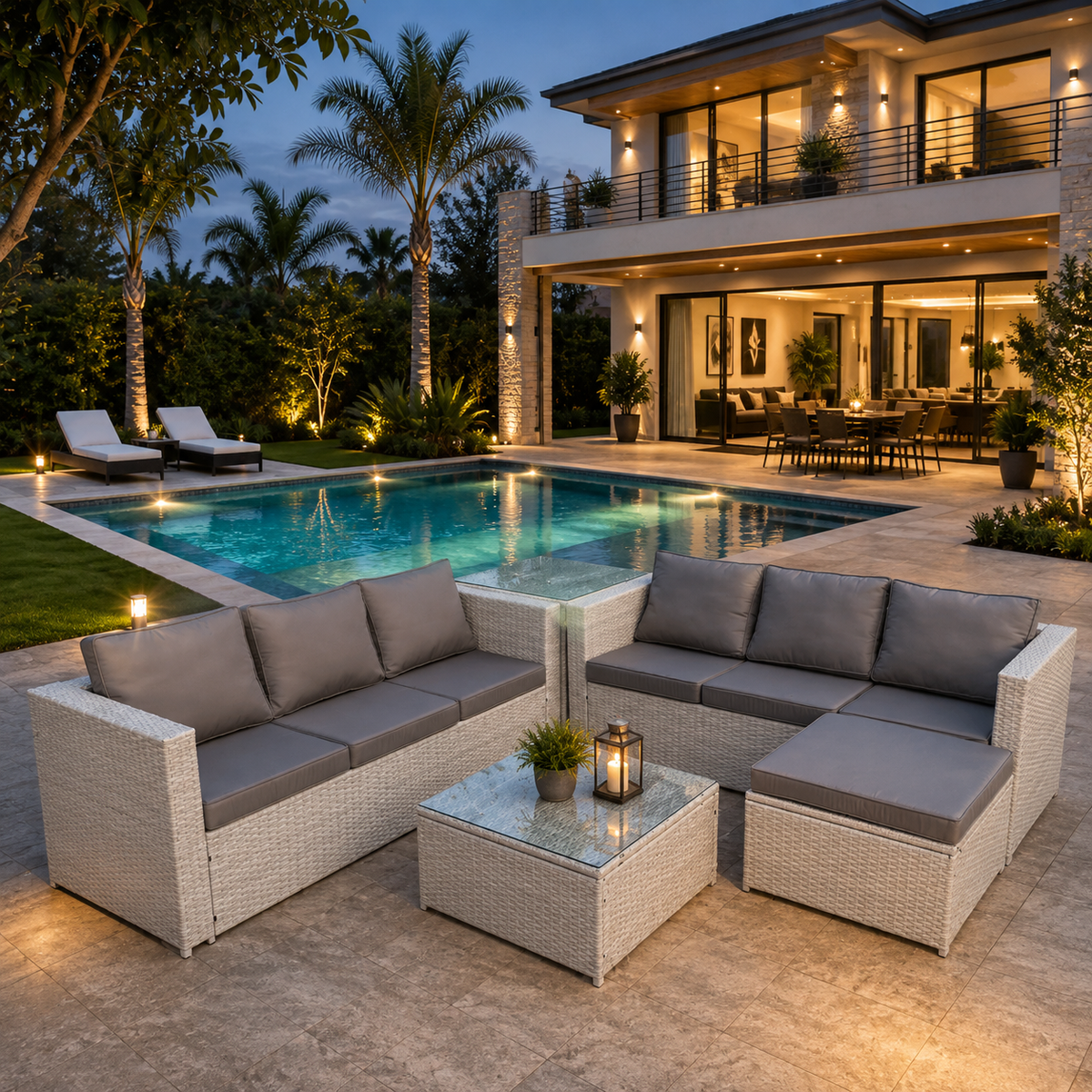 7 Seater Wicker light Grey Rattan Garden Corner Furniture Sofa Sets Outdoor Patio Furniture Coffee Table