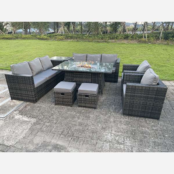 Outdoor Rattan Garden Furniture Gas Fire Pit Table Sets Gas Heater Lounge Chairs Small Footstools Dark Grey 10 seater