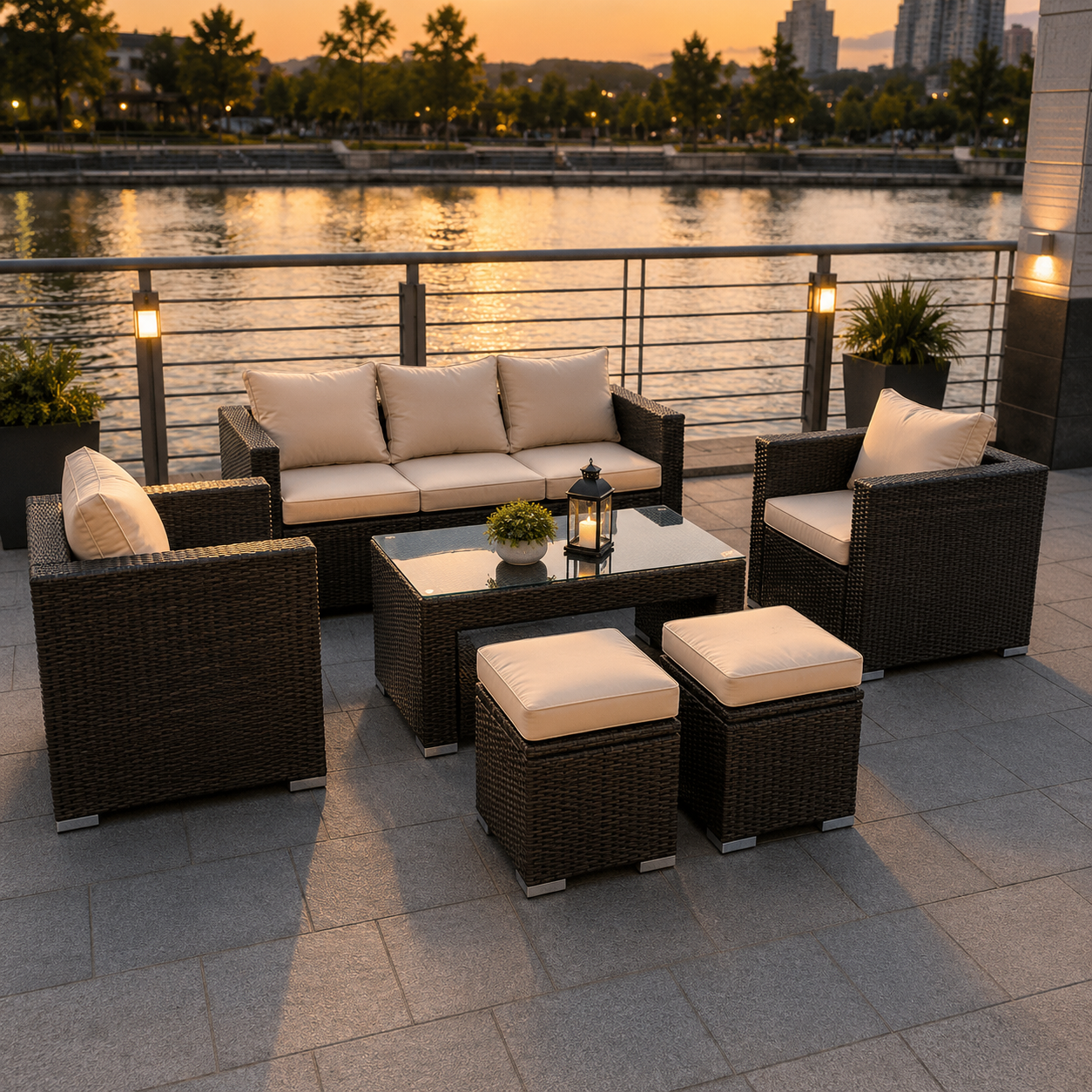 7 Seater Rattan Sofa Coffee Table Set (Brown)