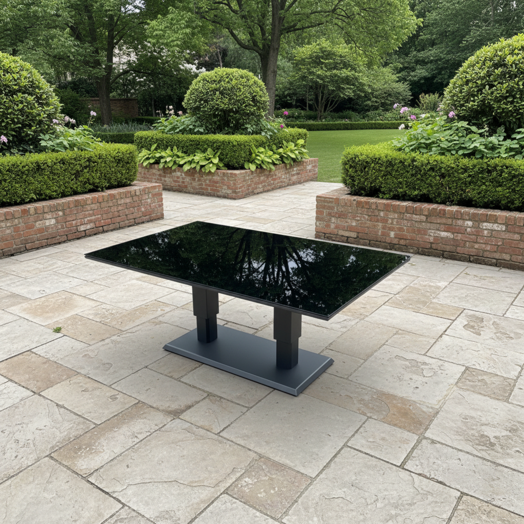 Aluminum Garden Furniture Rising Adjustable Lifting Dining or Coffee Table Easy Stop 2 Gas Line Dark Grey