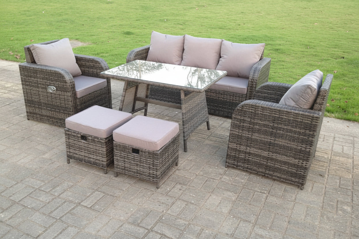 Dark Grey Mix Rattan Garden Furniture Sets Reclining Chair Table Footstool