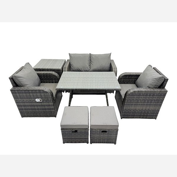 Outdoor Garden Furniture Set Rattan Sofa Dining Table Set with Reclining Chair Side Table 2 Small Footstool Dark Grey Mixed