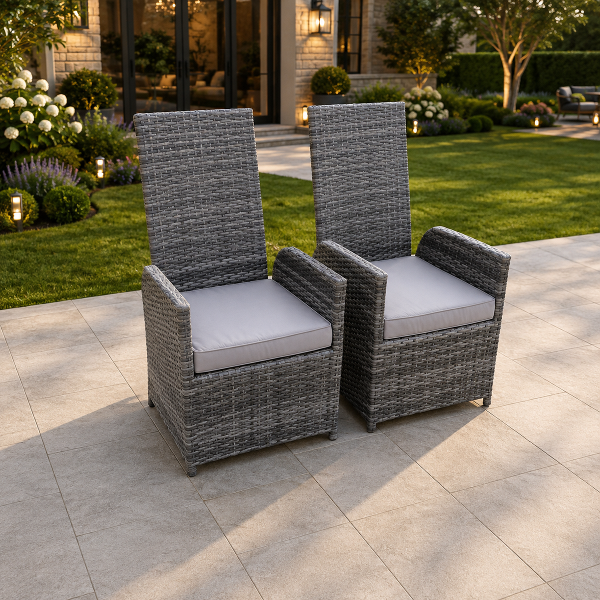 2 pc single reclining rattan garden chair dark grey mixed with seat cushion