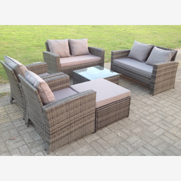 High Back Dark Mixed Grey Rattan Sofa Set Outdoor Furniture Square Coffee Table Big Footstool Chairs 2 Seater Love Sofa 7 Seater