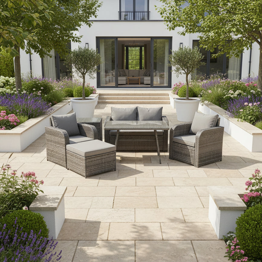 Outdoor Garden Furniture Set Rattan Sofa Dining Table Set with Reclining Chair Side Table Big Footstool Dark Grey Mixed