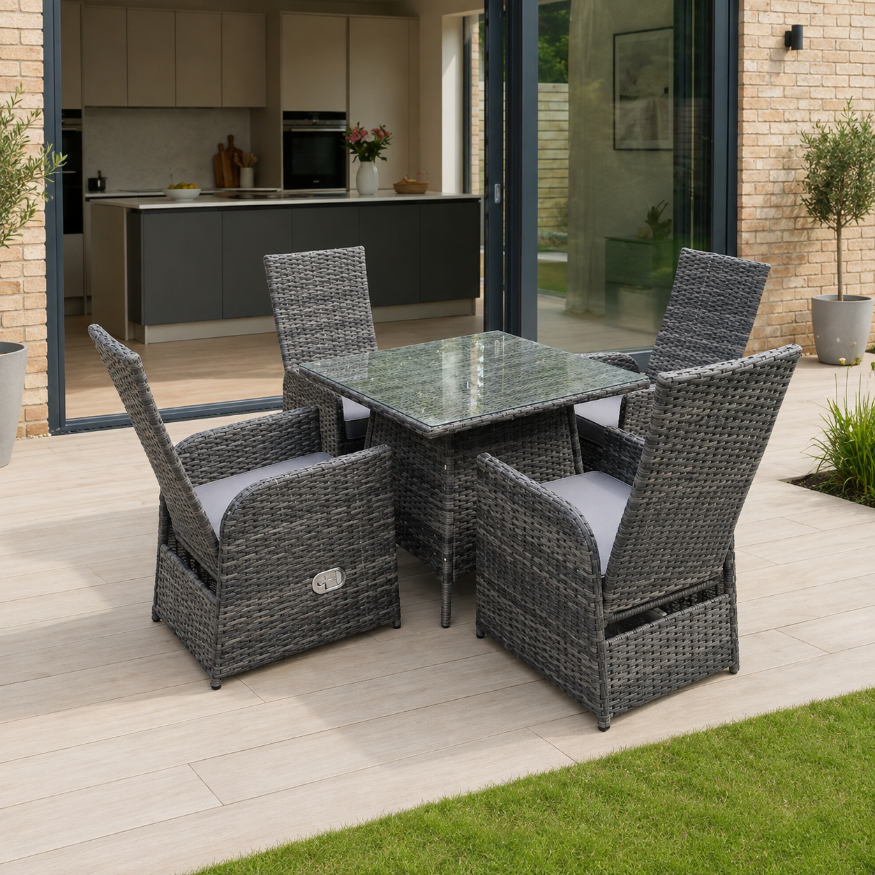 Dark Grey Mixed Outdoor PE Wicker Rattan Garden Furniture Reclining Chair And Table Dining Sets 4 Seater Square Tempered Glass Table