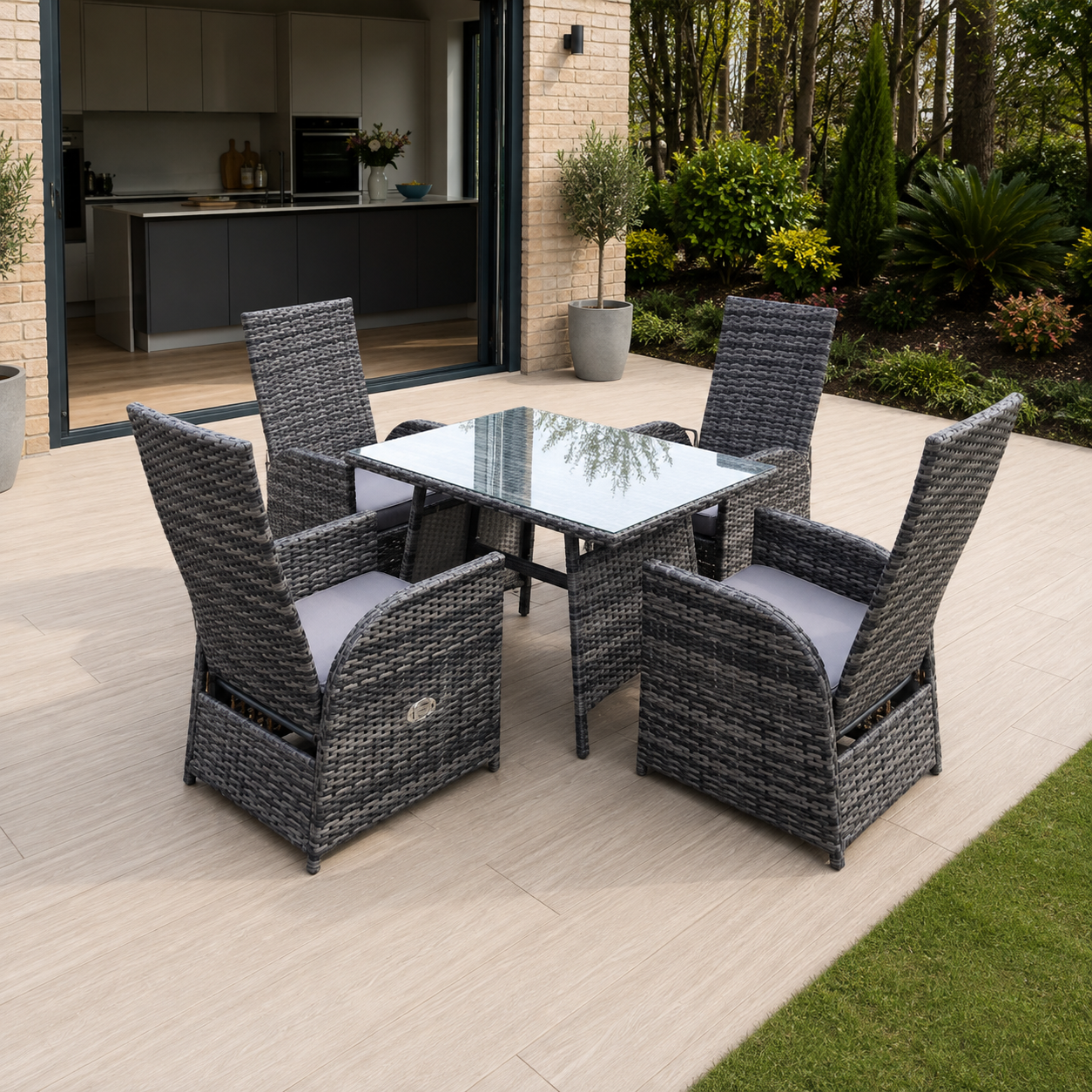 4 chairs+rectangular table(clear glass)) reclining rattan dining set patio garden furniture