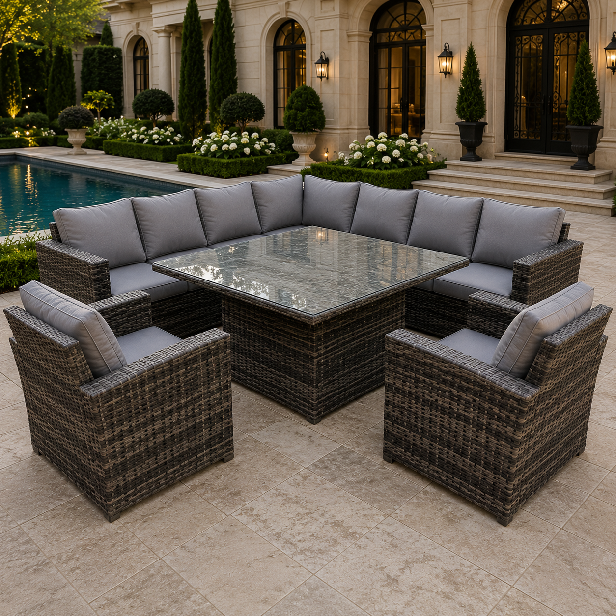 (extra 2 chairs) rattan corner sofa set with lift table dark mixed grey