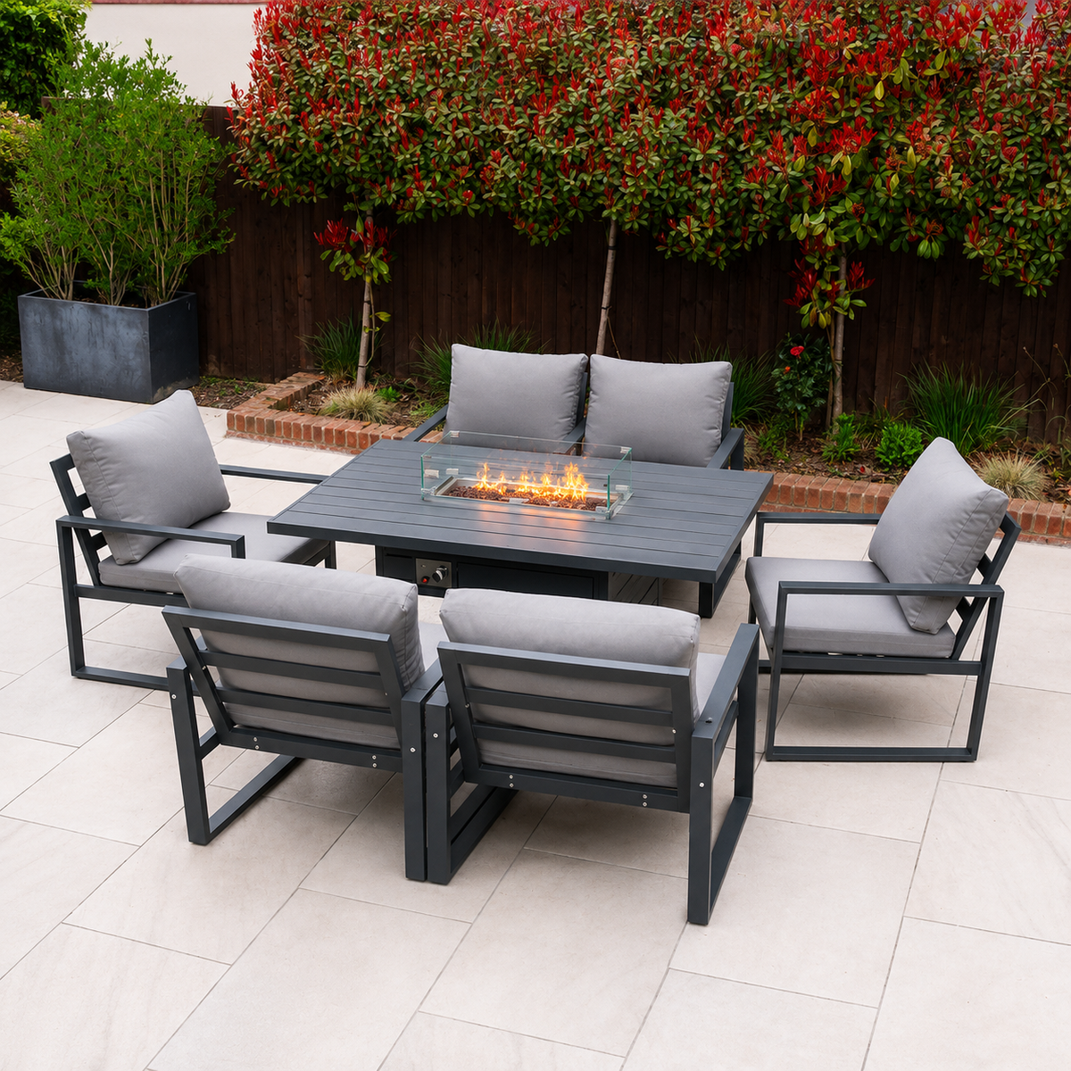 Aluminum Top 6 Seat Garden Furniture Dining Set Gas Fire Pit Table And Chairs Burner Heater Patio Outdoor Dark Grey