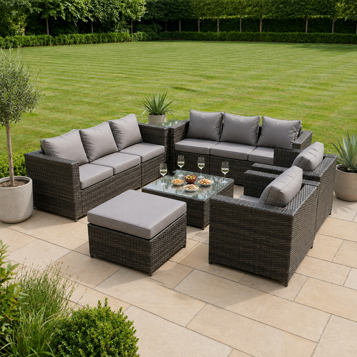 9 Seater Dark Grey Mixed Rattan Garden Furniture Sofa Set