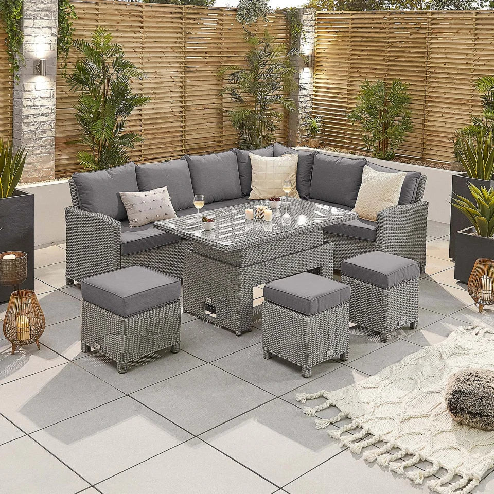Ciara L-Shaped Corner Rattan Lounge Dining Set with 3 Stools - Right Handed Rising Table in White Wash