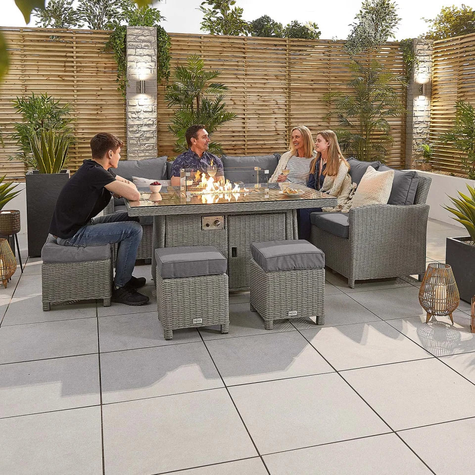 Ciara L-Shaped Corner Rattan Lounge Dining Set with 3 Stools - Right Handed Gas Fire Pit Table in White Wash