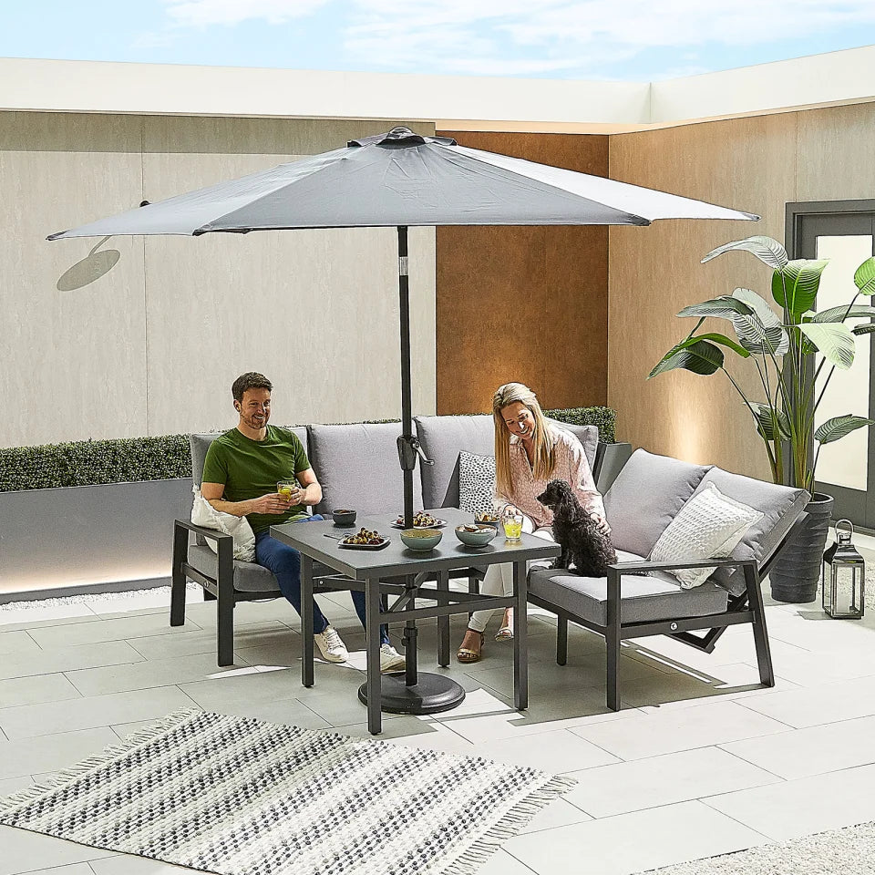 Enna Compact Corner Aluminium Lounge Dining Set - Square Parasol Hole Table in Graphite Grey