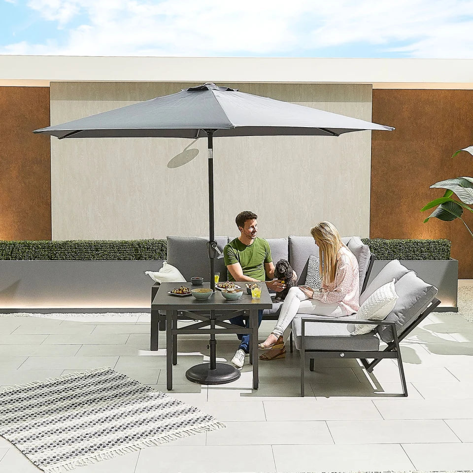 Enna Compact Corner Aluminium Lounge Dining Set - Square Parasol Hole Table in Graphite Grey
