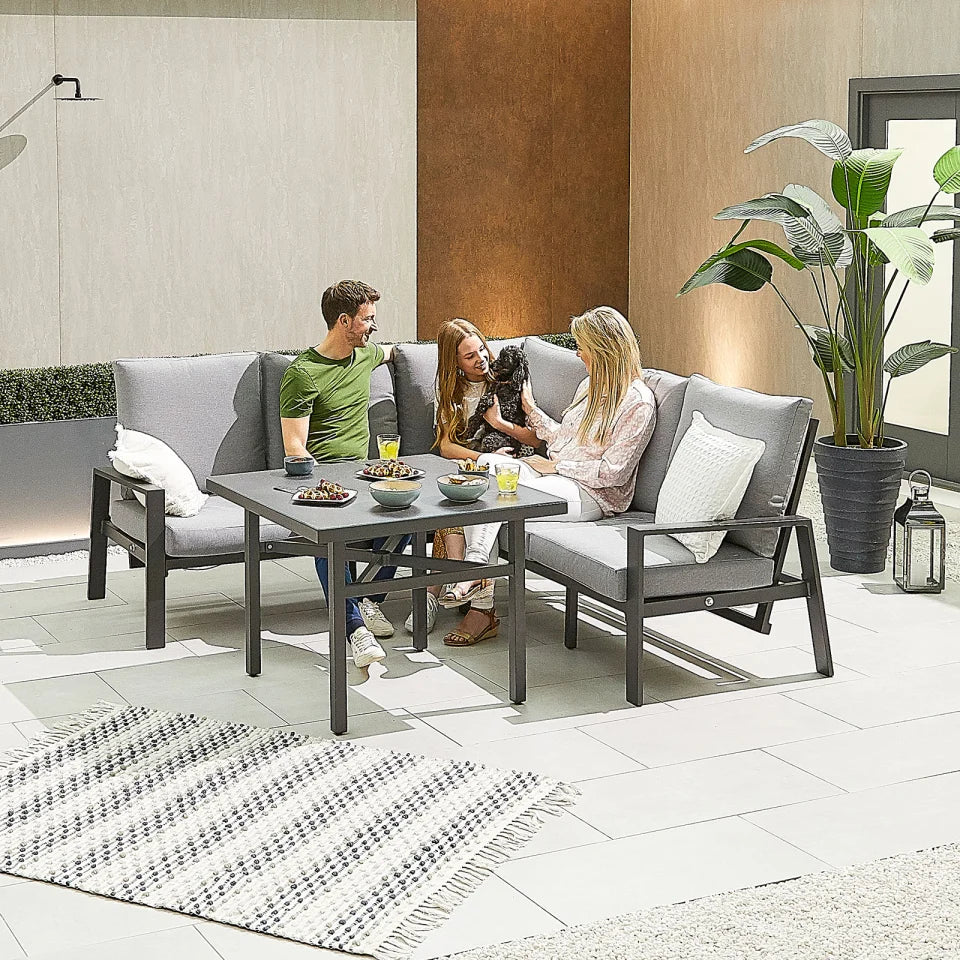 Enna Compact Corner Aluminium Lounge Dining Set - Square Parasol Hole Table in Graphite Grey