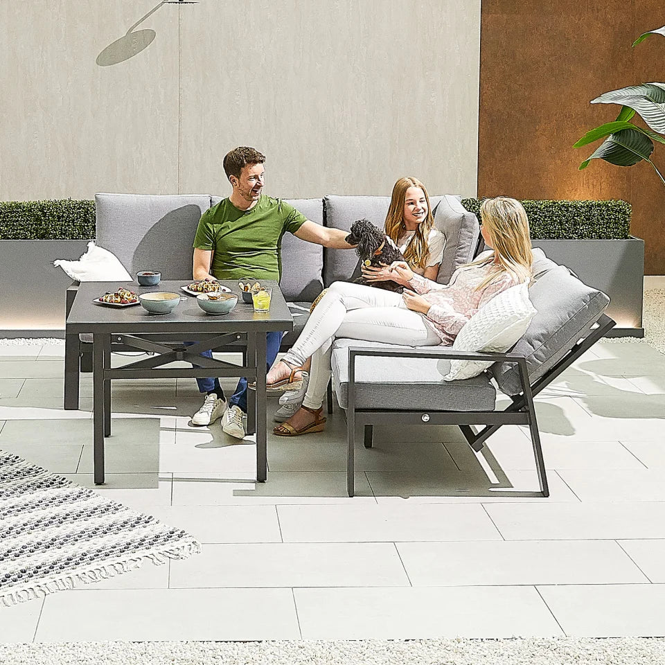 Enna Compact Corner Aluminium Lounge Dining Set - Square Parasol Hole Table in Graphite Grey