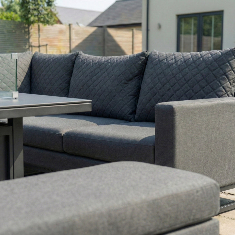 Eclipse Deluxe Corner All Weather Fabric Aluminium Lounge Dining Set with 2 Benches - Gas Fire Pit Table in Charcoal Grey