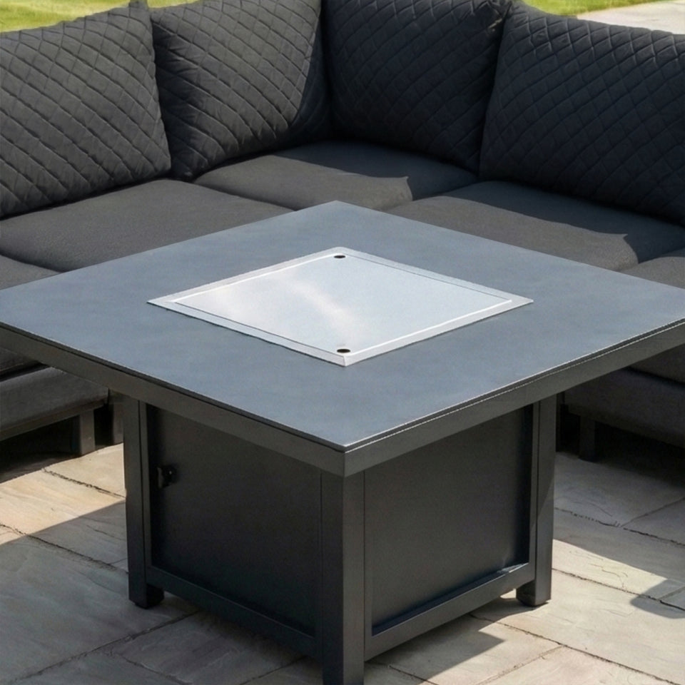 Eclipse Deluxe Corner All Weather Fabric Aluminium Lounge Dining Set with 2 Benches - Gas Fire Pit Table in Charcoal Grey