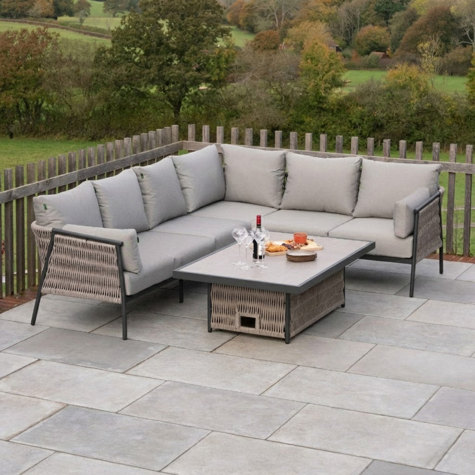 Sophia L-Shaped Corner Rattan Aluminium Lounge Dining Set - Right Handed with Rising Table in Mottled Grey