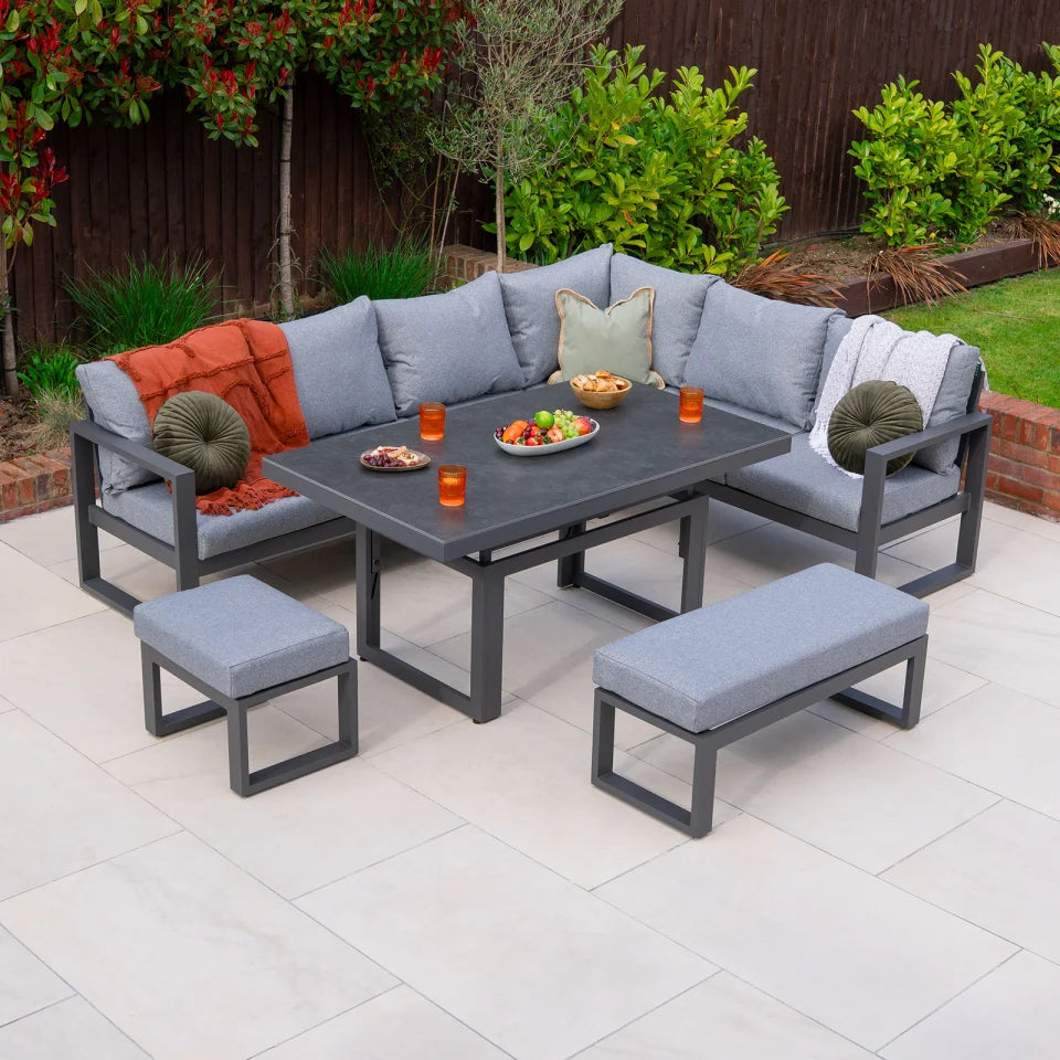 Maxwell L-Shape Corner Aluminium Lounge Dining Set - Rising Table in Graphite Grey
