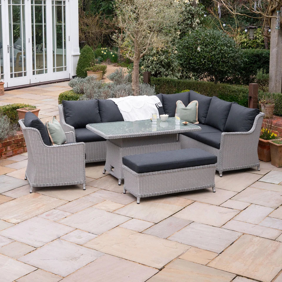 Talia L-Shaped Corner Rattan Lounge Dining Set with Armchair and Bench - Rising Table