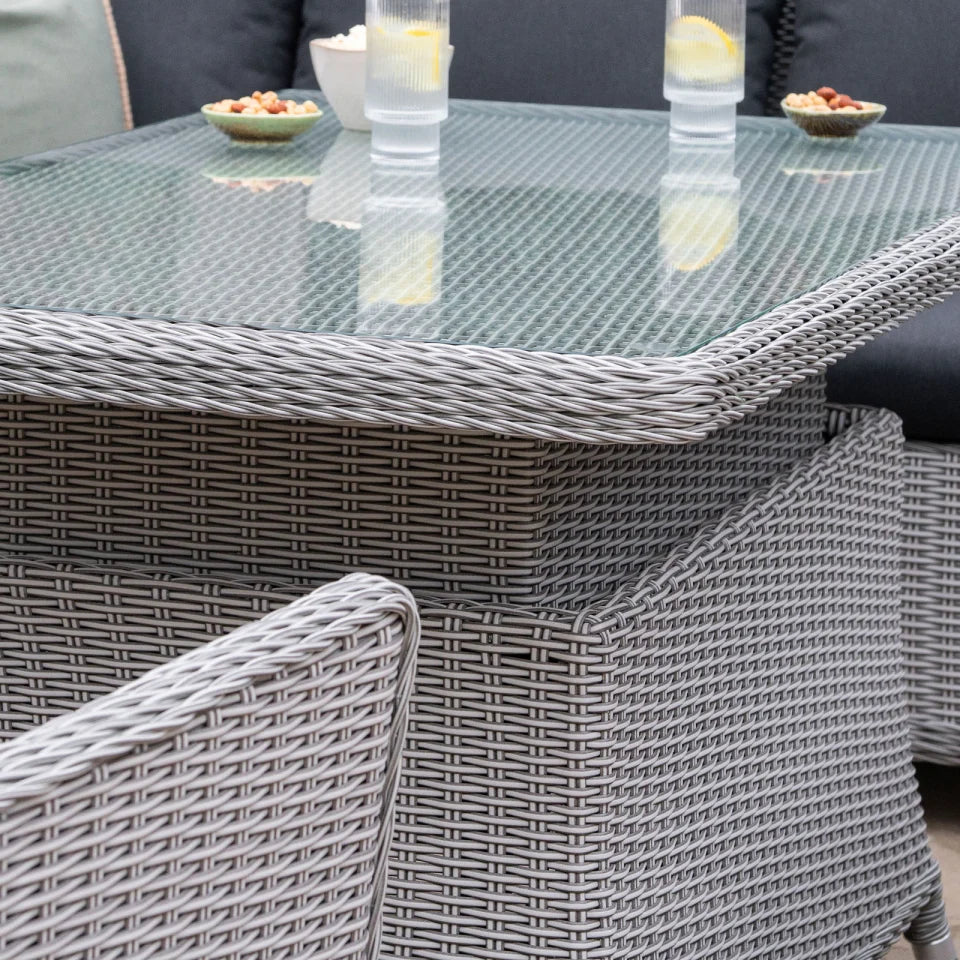 Talia L-Shaped Corner Rattan Lounge Dining Set with Armchair and Bench - Rising Table
