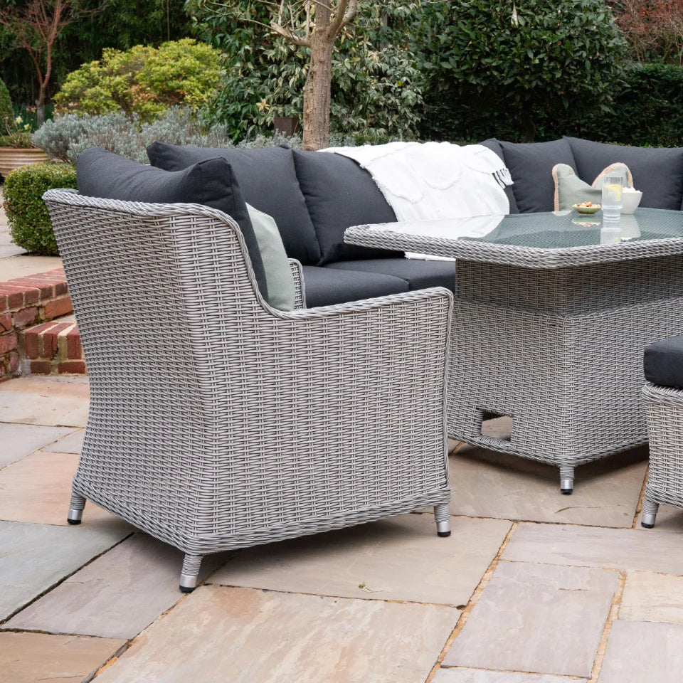 Talia L-Shaped Corner Rattan Lounge Dining Set with Armchair and Bench - Rising Table