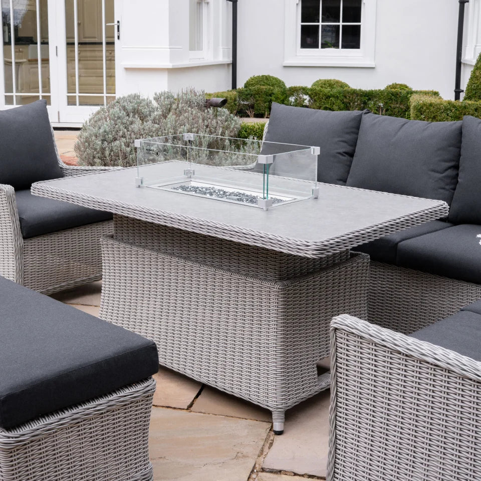 Talia L-Shaped Corner Rattan Lounge Dining Set with Armchair and Bench - Right Handed Rising Gas Fire Pit Table in White Wash