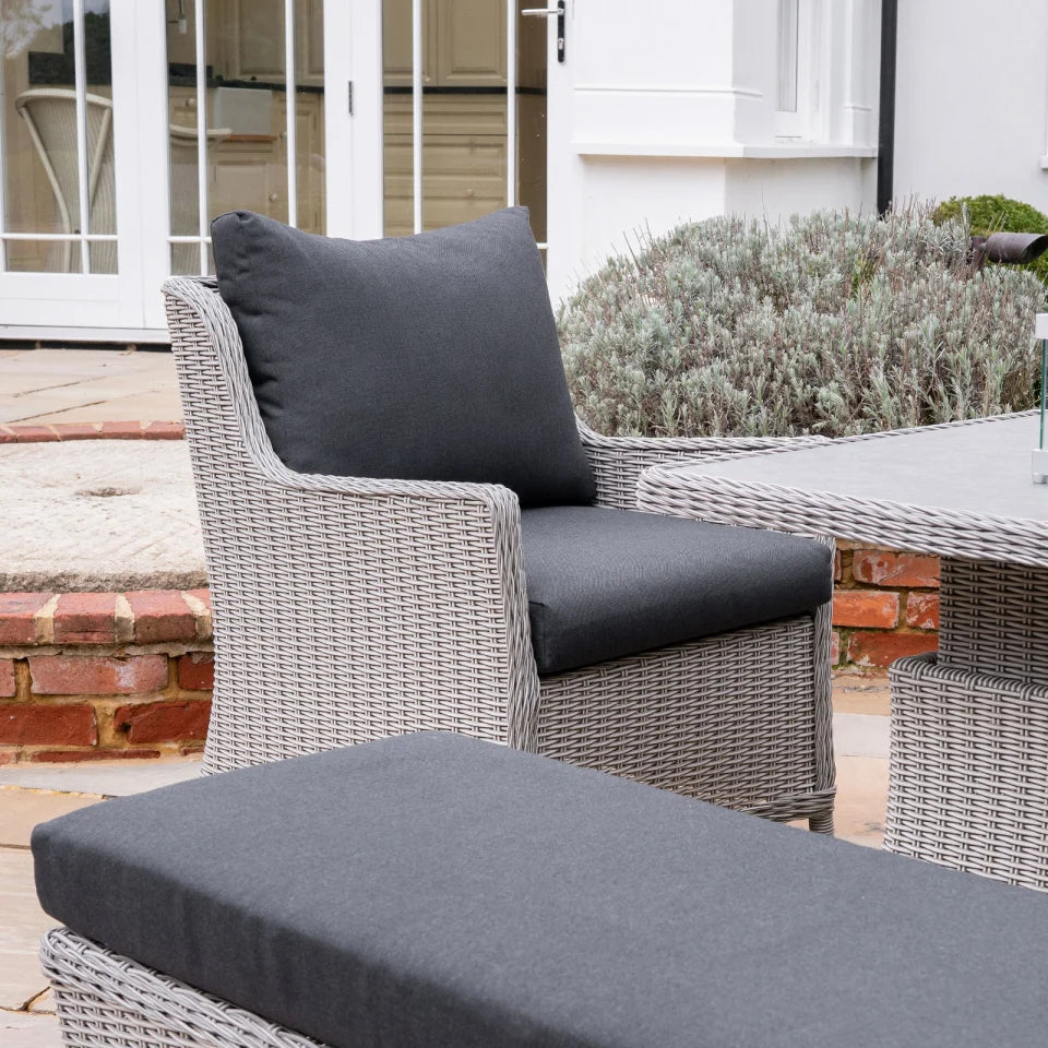 Talia L-Shaped Corner Rattan Lounge Dining Set with Armchair and Bench - Right Handed Rising Gas Fire Pit Table in White Wash