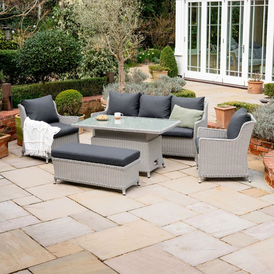 Talia 3 Seater Rattan Lounge Dining Set with 2 Armchairs and Bench - Rising Table in White Wash