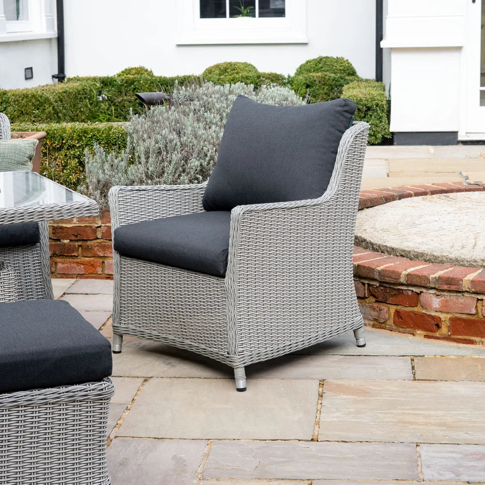 Talia 3 Seater Rattan Lounge Dining Set with 2 Armchairs and Bench - Rising Table in White Wash