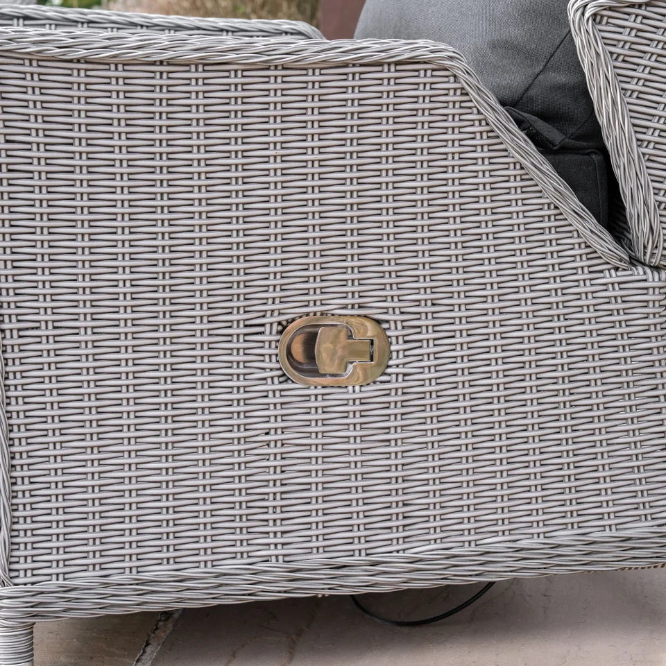 Talia L-Shaped Grande Corner Rattan Lounge Dining Set with Reclining Armchair and Bench - Left Handed Rising Table in White Wash