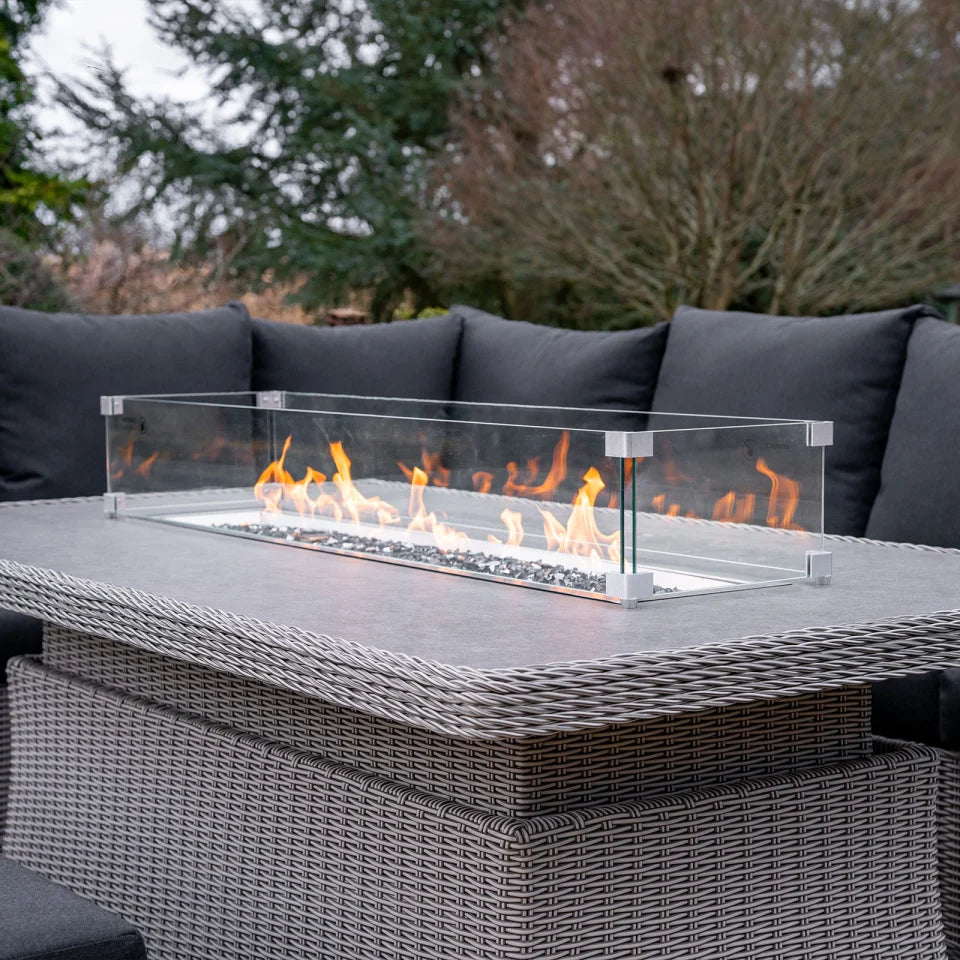 Talia L-Shaped Grande Corner Rattan Lounge Dining Set with Reclining Armchair and Bench - Left Handed Rising Gas Fire Pit Table in White Wash