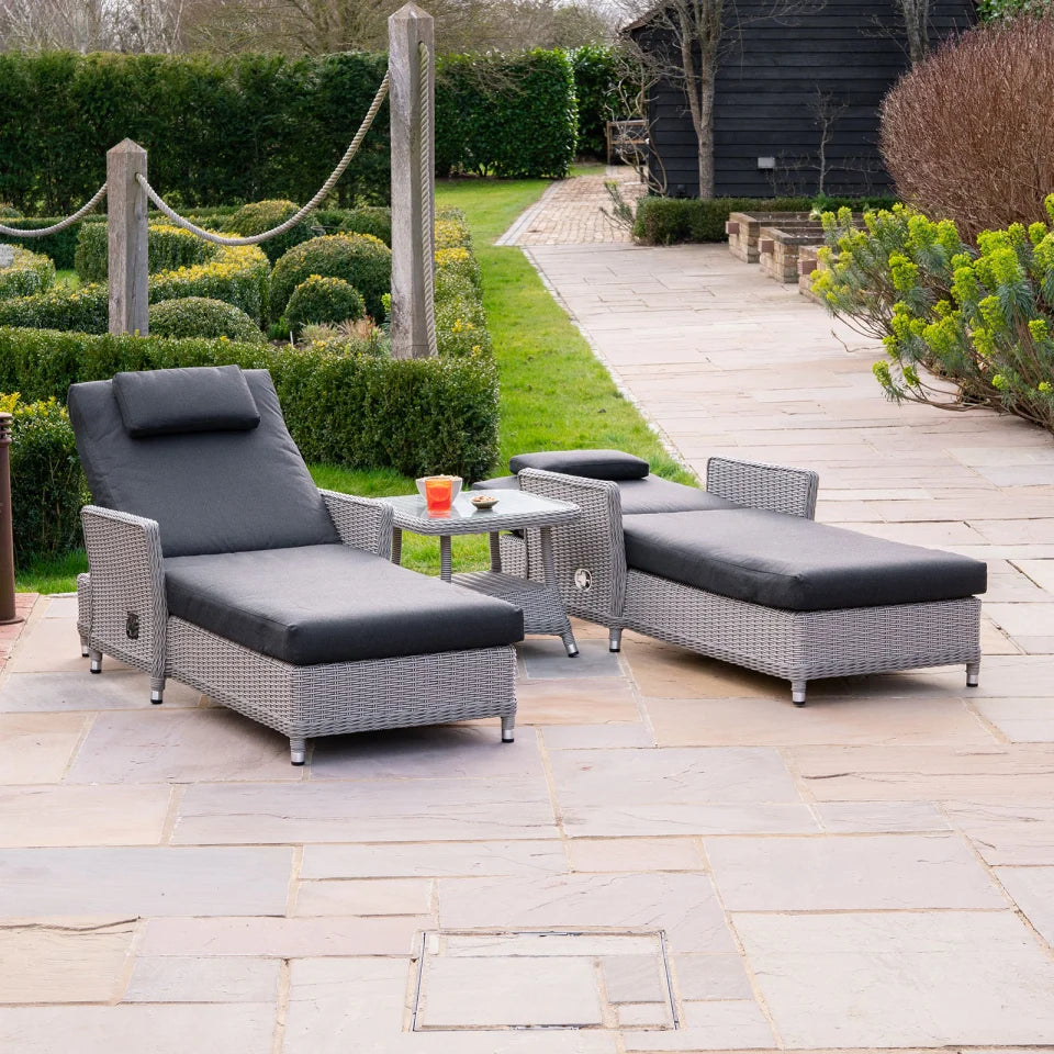 Talia Rattan Grande Reclining Sun Lounger Set of 2 and Side Table in White Wash