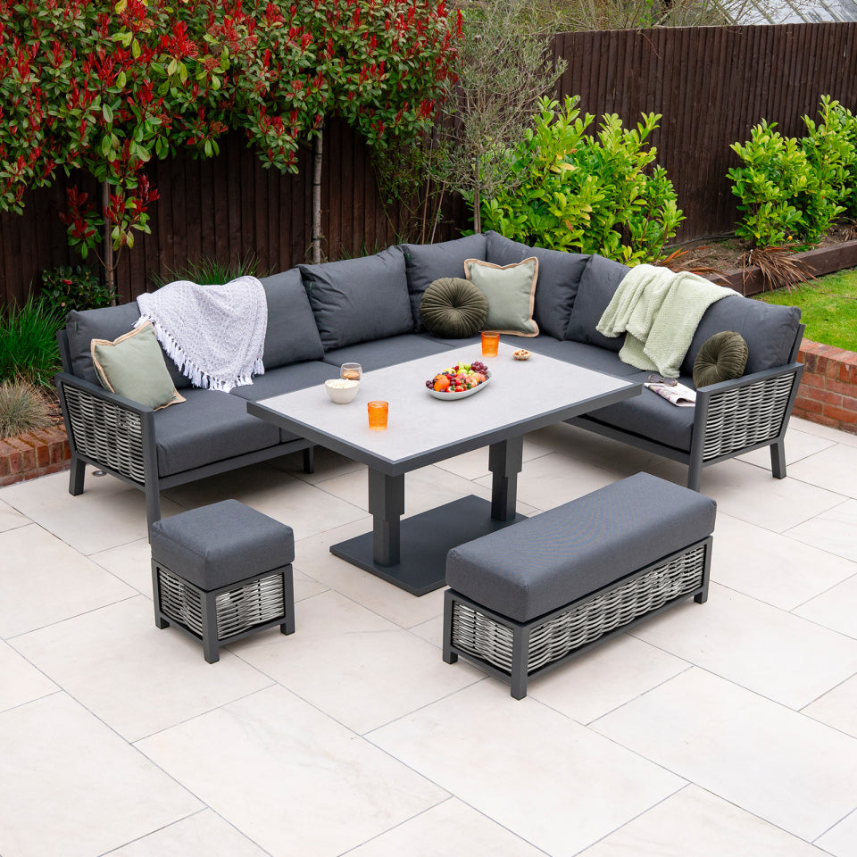 Caleb L-Shaped Corner Rattan Aluminium Lounge Dining Set with Bench and Stool - Adjustable Rising Light Grey Table in Dapple Grey