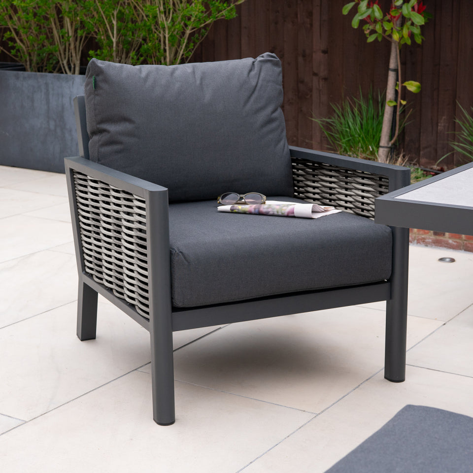 Caleb 3 Seater Rattan Aluminium Lounge Dining Set with 2 Armchairs and Bench - Adjustable Rising Light Grey Table in Dapple Grey