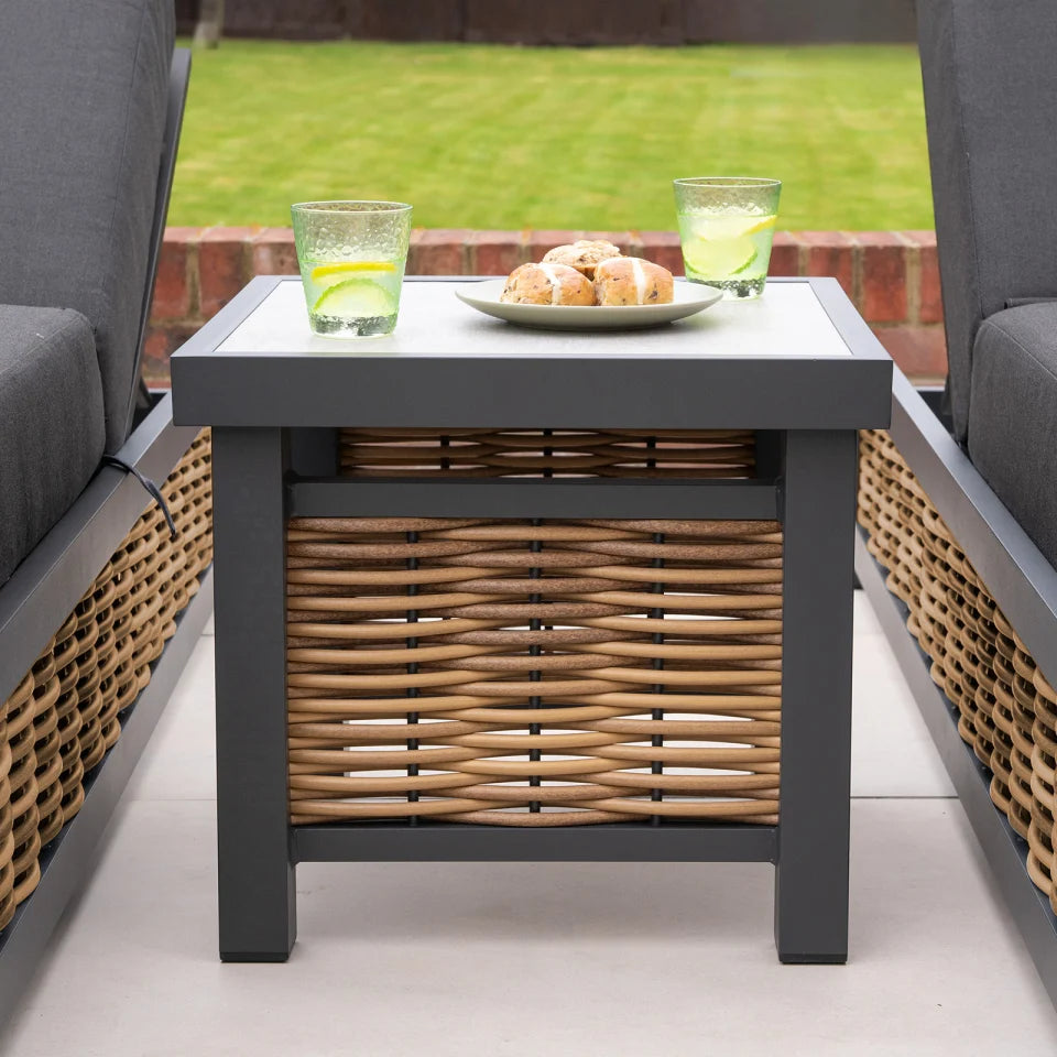 Caleb Rattan Aluminium Sun Lounger Set of 2 and Side Table in Palomino Brown