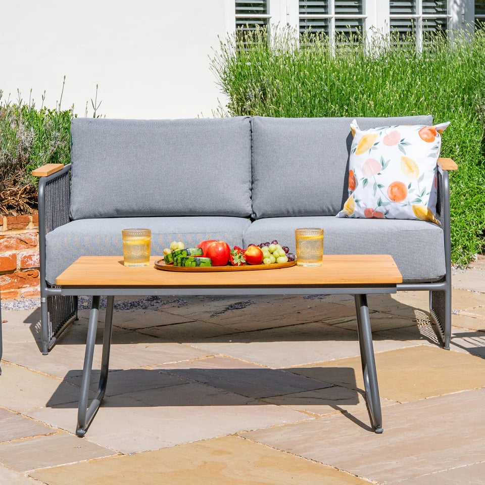 Isla Rope Aluminium Teak Wood 2 Seater Sofa Lounging Set in Persian Grey