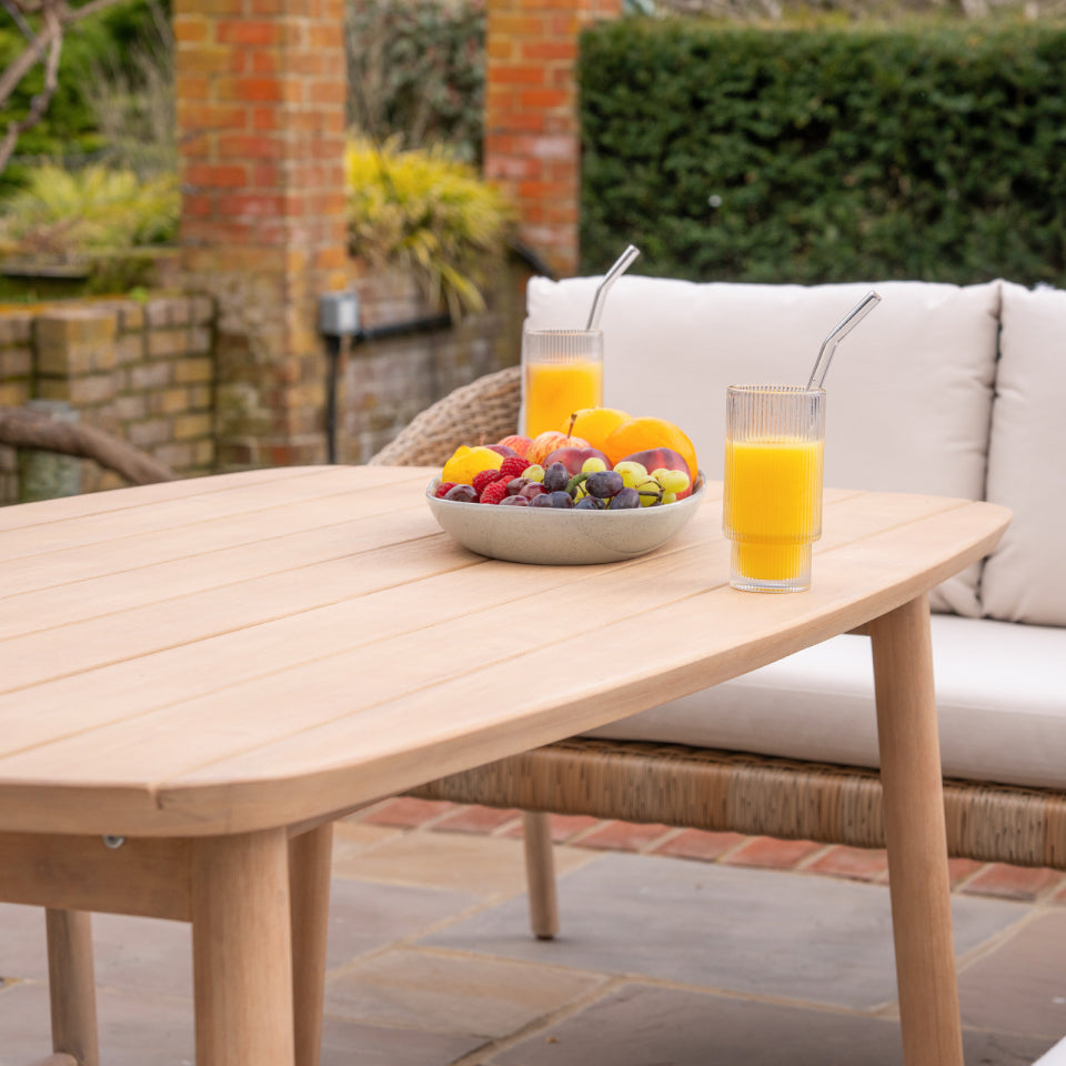 Hailey L-Shaped Corner Rattan Wood Lounge Dining Set with 2 Stools - Left Handed Standard Table in Acorn