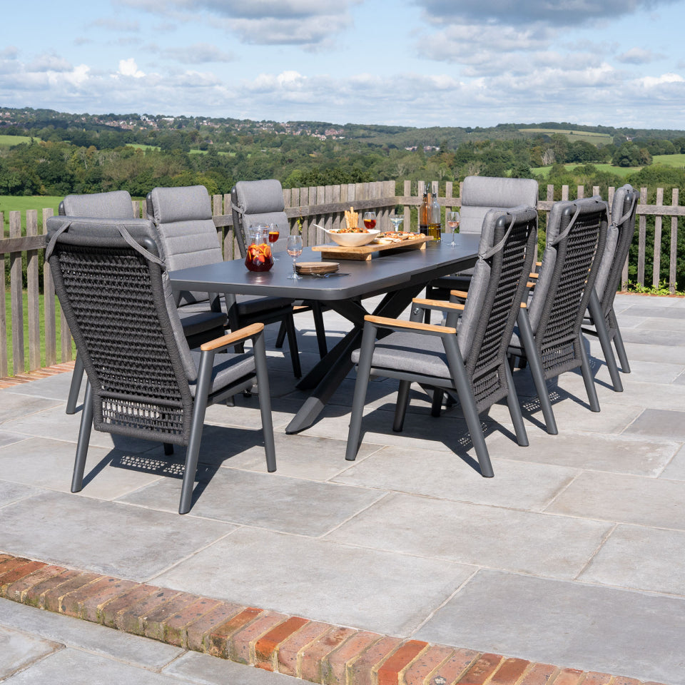 Parker 6-8 Seat Aluminium Rope Reclining Dining Set - Rectangular Extending Table in Graphite Grey