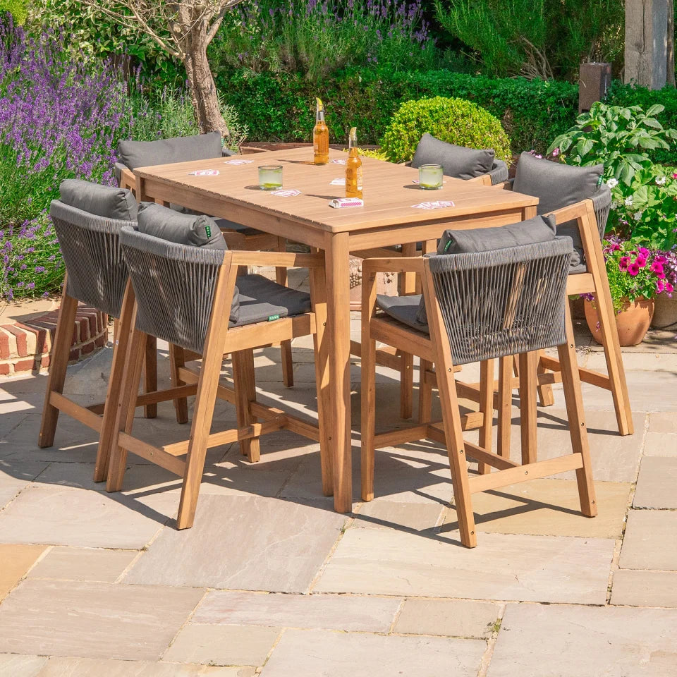 Aida 6 Seat Acacia Wood Rope High Dining Set - Rectangular Table in Anchor Grey
