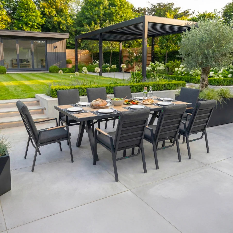 Juno 8 Seat Aluminium Wood Effect Reclining Dining Set - Rectangular Table in Graphite Grey