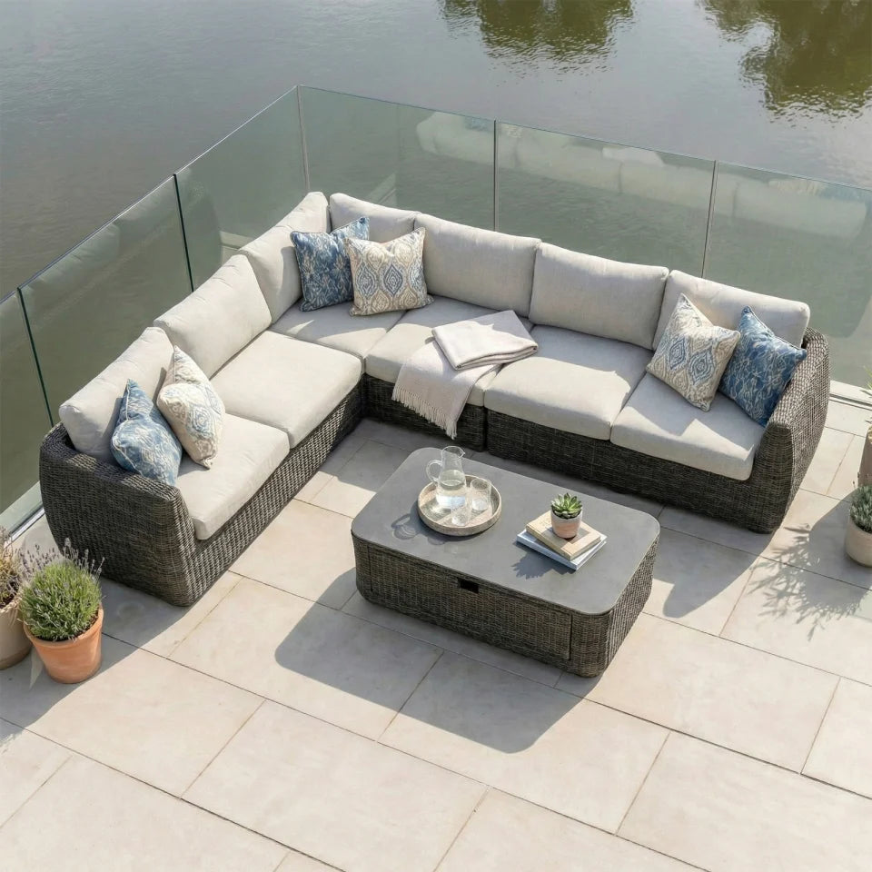 Brodie Rattan Large Corner Sofa Lounging Set in Harbour Grey