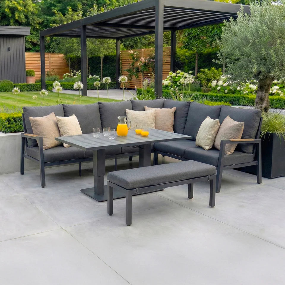 Juno L-Shaped Corner Aluminium Wood Effect Lounge Dining Set with Bench - Right Handed Adjustable Rising in Graphite Grey