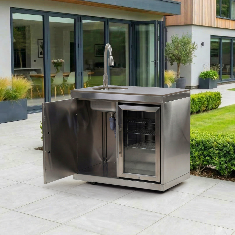 Stanley Outdoor Kitchen Fridge & Cupboard with Sink & Tap Modular Unit - Stainless Steel