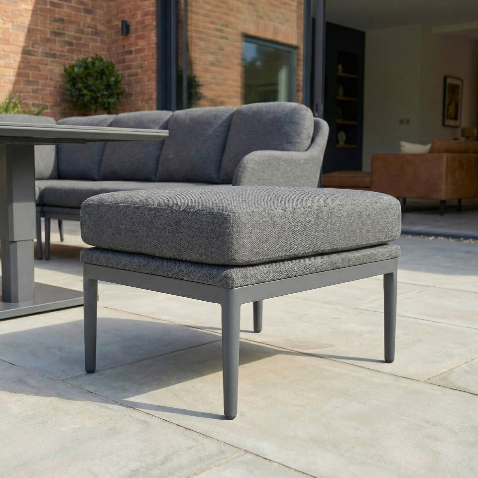 Ally L-Shaped Corner All Weather Fabric Aluminium Lounge Dining Set with Bench and Stool - Left Handed with Adjustable Rising Table in Graphite Grey