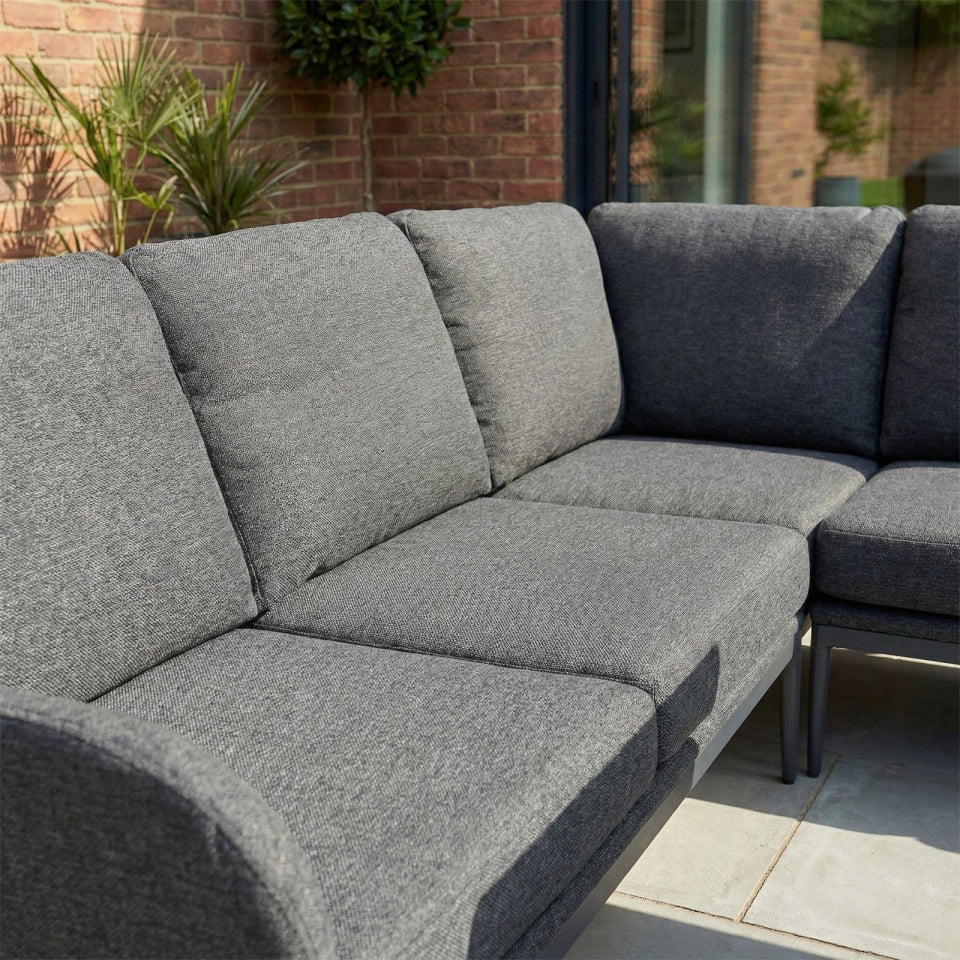 Ally L-Shaped Corner All Weather Fabric Aluminium Lounge Dining Set with Bench and Stool - Left Handed with Adjustable Rising Table in Graphite Grey