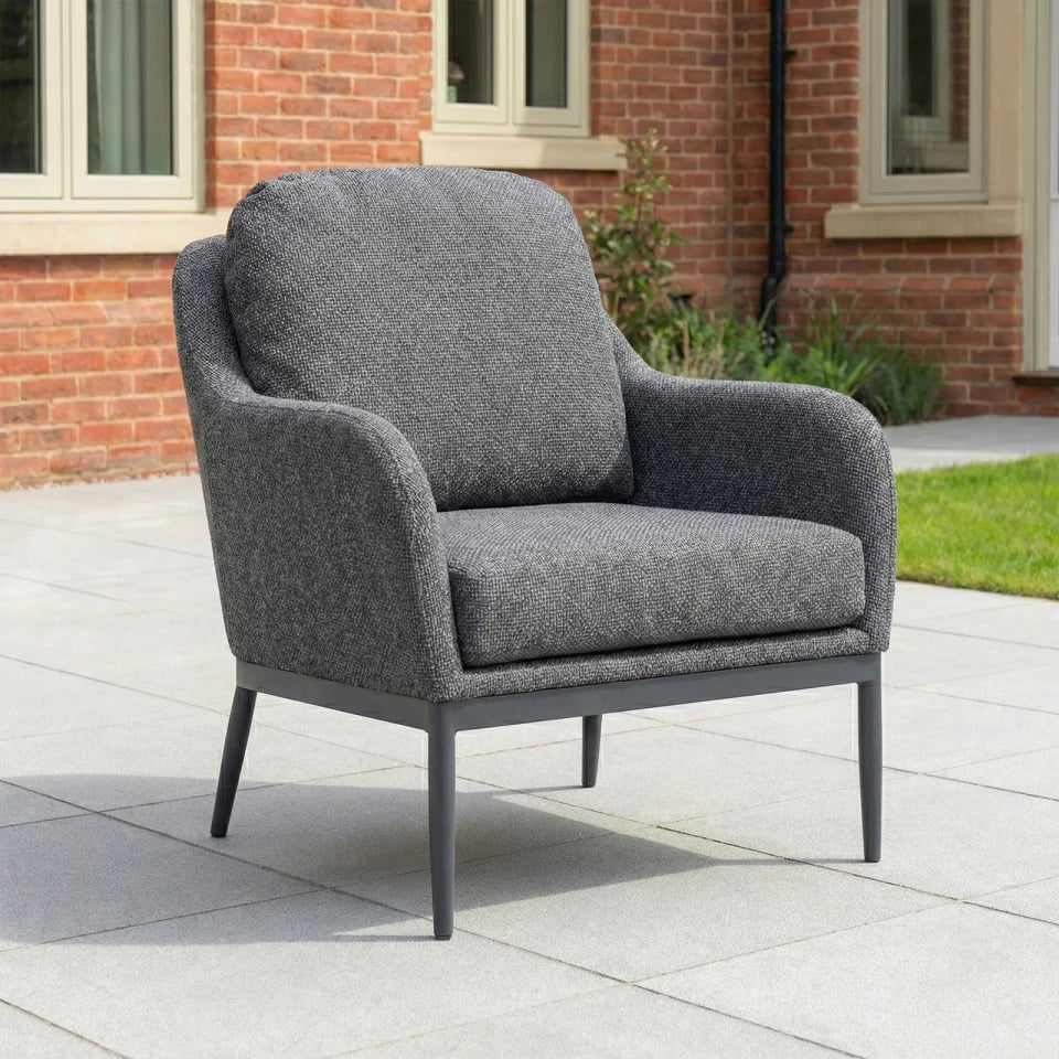 Ally 3 Seater All Weather Fabric Aluminium Lounge Dining Set with 2 Armchairs and Bench - Adjustable Rising Table in Graphite Grey